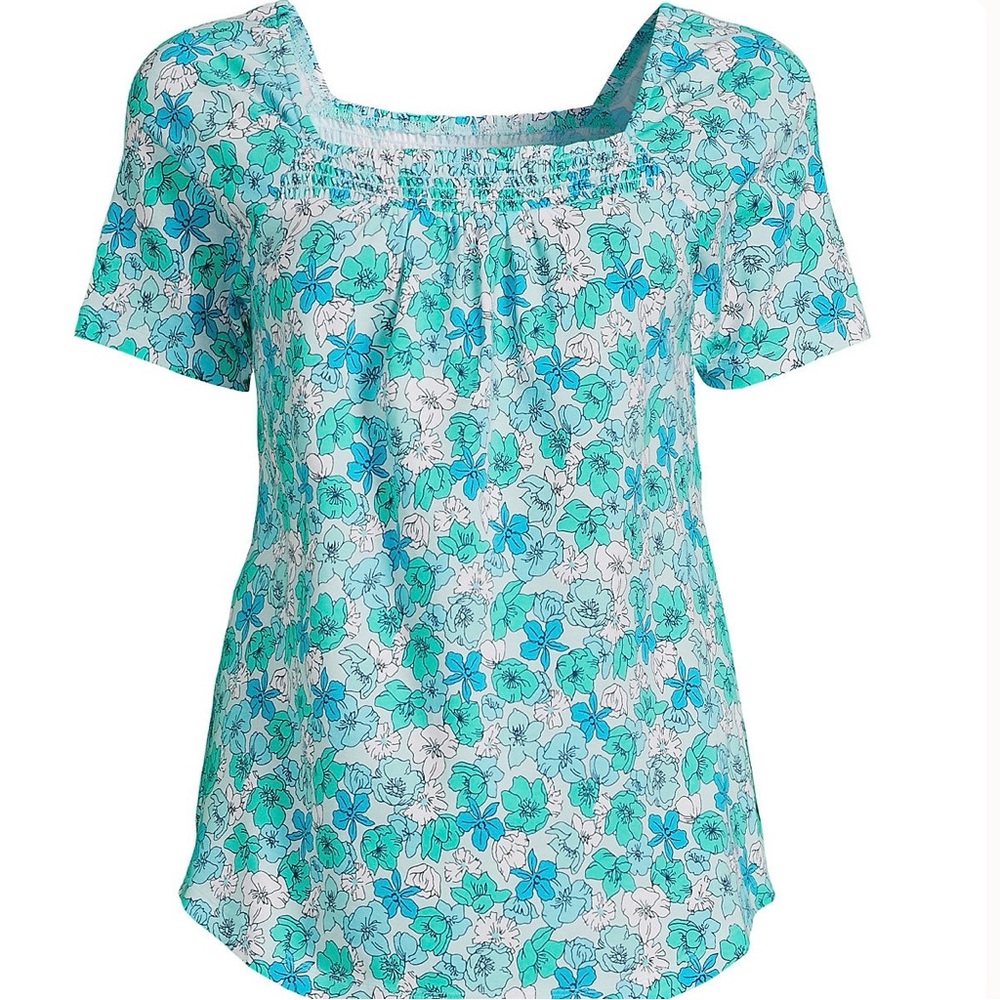 Land’s End Short Sleeve Light Weight Smocked Square Neck Top NWT Size Large